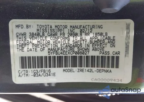 2012 Toyota Corolla Le z USA, uszkodzony, nr VIN 5YFBU4EEXCP008027